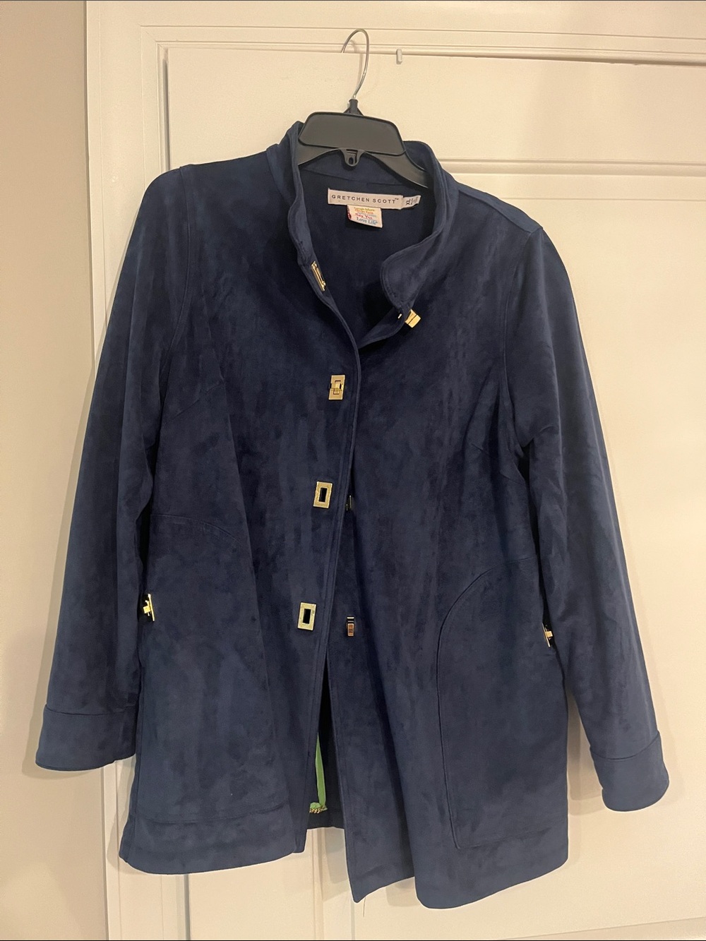 Gretchen Scott Navy Suede Stand-Collar Coat with Gold Hardware